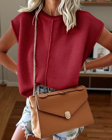 Saodimallsu Womens Summer Cap Sleeve Tops Casual Crew Neck Loose Fit Knit Lightweight Sweater Pullover Top Wine Red - Image 3