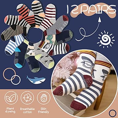 ANTSANG Baby Boys Grips Socks Kids Toddlers Infants Non Slip/Anti Skid Crew Cotton Socks 12 Pairs (Brown Striped(12 Pairs),5-8 Y) - Image 5