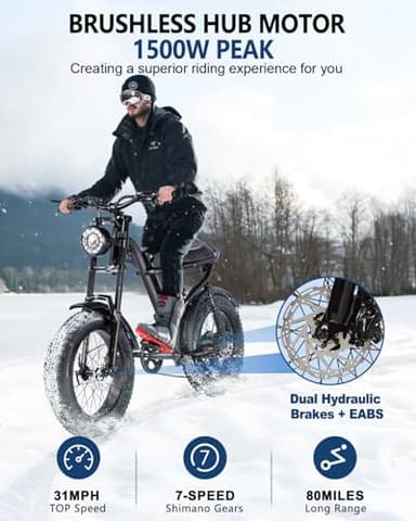 Riding'times 1500W Electric Bike for Adults Full Suspension, 20.4AH Long Seat Dirt Bike with 20" Fat Tire, Max 31MPH & 40-150 Miles, Moped Style Ebike for Snow, Mountains, Road - Image 3