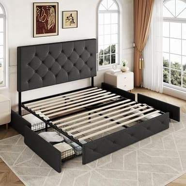 Allewie Upholstered Queen Size Platform Bed Frame with 4 Storage Drawers and Headboard, Diamond Stitched Button Tufted, Mattress Foundation with Wooden Slats Support, No Box Spring Needed, Dark Grey - Image 8