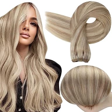 Full Shine Blonde Sew in Weft Hair Extensions Silky Straight Real Hair Wefts Human Hair 105 Grams Sew in Hair Extensions Ash Blonde Highlight Bleach Blonde Remy Bundles 24 Inch - Image 1