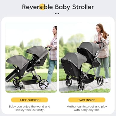 MU Double Stroller, Foldable Twin Tandem Stroller with Adjustable Backrest, Reversible Seat, 5-Point Harness, Storage Basket, Convertible Baby Bassinet for Infant and Toddler, Gray - Image 2