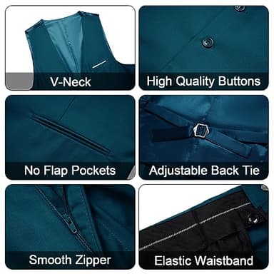MAGE MALE Men's 3 Pieces Suit Elegant Solid One Button Slim Fit Single Breasted Party Blazer Vest Pants Set Teal Blue - Image 5