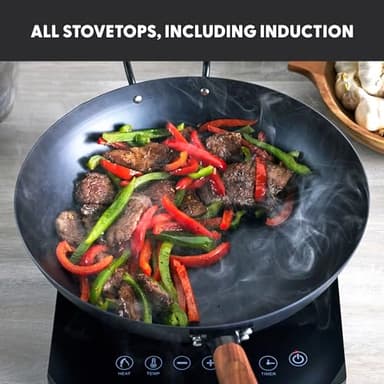 GreenPan Carbon Steel Wok 14”, Flat Bottom, Durable Stir-Fry Pan, Pre-Seasoned Ready to Use, High Heat Retention, Induction, Ash Wood Handle, Kyoto, Black - Image 8
