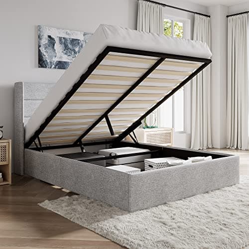SHA CERLIN Queen Size Lift Up Storage Bed/Modern Wingback Headboard/Upholstered Platform Bed Frame/Hydraulic Storage/No Box Spring Needed/Wood Slats Support/Light Grey - Image 1