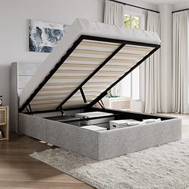 SHA CERLIN Queen Size Lift Up Storage Bed/Modern Wingback Headboard/Upholstered Platform Bed Frame/Hydraulic Storage/No Box Spring Needed/Wood Slats Support/Light Grey - Image 1