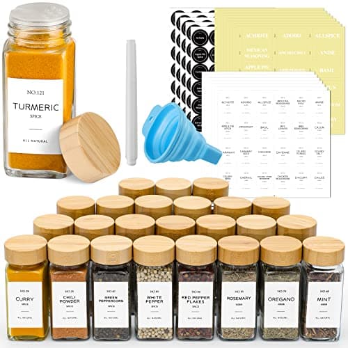NETANY 24 Pcs Glass Spice Jars with Bamboo Lids, 4 oz Glass Jars with Minimalist Farmhouse Spice Labels Stickers, Collapsible Funnel, Seasoning Storage Bottles for Spice Rack, Cabinet, Drawer - Image 1