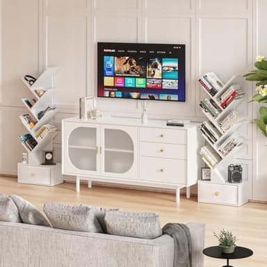 SHEEPAM 8 Tier Tree Bookshelf with Drawer, Free Standing Wood Bookcase for Living Room, Bedroom, Home Office, Space Saving Storage Organizer Bookshelves for Books, CDs, Vinyl Records- White - Image 5