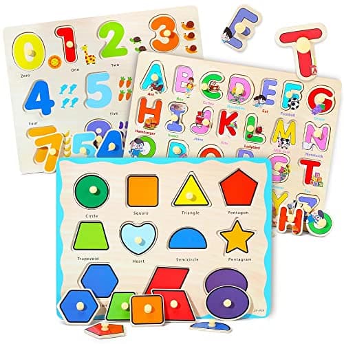 GRINNNIE Wooden Montessori Toddler Puzzles for 1 2 3 4 Years Old, 3 Pcs (Number, Letter, Shape) Kids Preschool Educational Peg Puzzle Set - Image 1