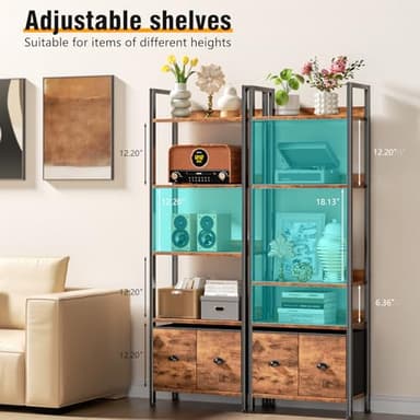 Furologee 5-Tier Bookshelf, Tall Bookcase with 2 Storage Drawers, Adjustable Industrial Display Standing Shelf Units, Wood and Metal Storage Rack for Living Room, Bedroom, Home Office Rustic Brown - Image 4