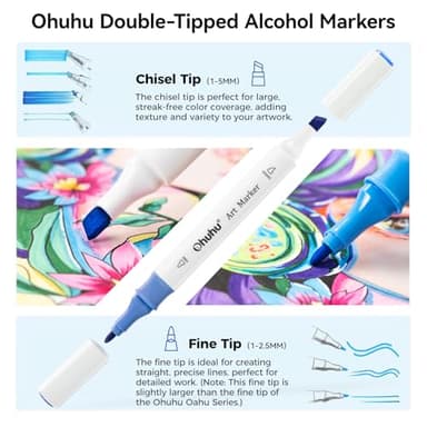 Ohuhu Markers, 48-color Double Tipped Alcohol Markers, Chisel & Fine Alcohol-based Art Marker Set for Adults Coloring Illustration, Great Value Pack for Students' Art Class, Better Designed Grip - Image 2