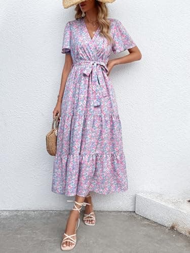 MASCOMODA Womens Summer Boho Maxi Dress Floral Wrap V Neck Flutter Short Sleeve Tie Waist A Line Tiered Flowy Long Dresses(Blue and Pink,Large) - Image 3