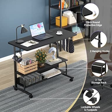 Armocity Height Adjustable Standing Desk with Power Outlets, 32" Manual Stand Up Desk with Storage Shelves Small Mobile Rolling Computer Desk Portable Laptop Table with Wheels for Home Office, Black - Image 5