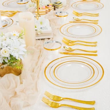 WELLIFE 300 PCS Clear Gold Dinnerware Set for 50 Guests, Clear and Gold Plastic Plates for Party, 50 Dinner Plates, 50 Salad Plates, 50 Cups Forks Knives Spoons for Wedding and Party Supplies - Image 2