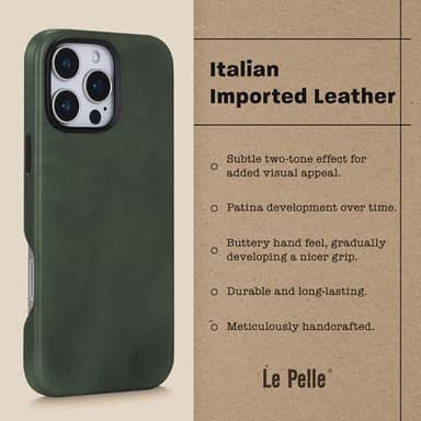 Le Pelle - Handcrafted Premium Italian Leather Case for iPhone 16 Pro - Compatible with Magsafe - Two-Tone Effect with Unique Patina Over Time - Emerald Green - Image 3