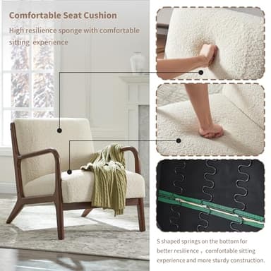 Mid-Century Modern Accent Chair with Cushions, Living Room Chair with Solid Wood Frame, Lounge Chair Chair for Living Room, Office, Bedroom, Lambswool White - Image 7