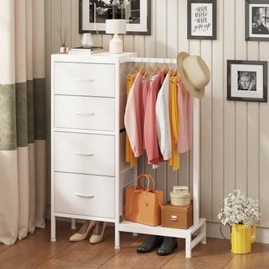 HIGDBFE Dresser with Hanging Rack, 4 Drawers Small Closet for Bedroom, Reversible Fabric Chest of Drawers with Clothes Rack, Tall Storage Tower, Sturdy Frame, White, 44''H - Image 3
