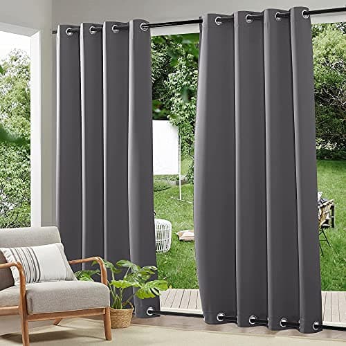 RYB HOME 2 Panels Weighted Outdoor Curtains - Waterproof Windproof Thermal Insulated Blackout Privacy Curtain for Porch Balcony Cabana, Grey, W52 x L84 inches - Image 1