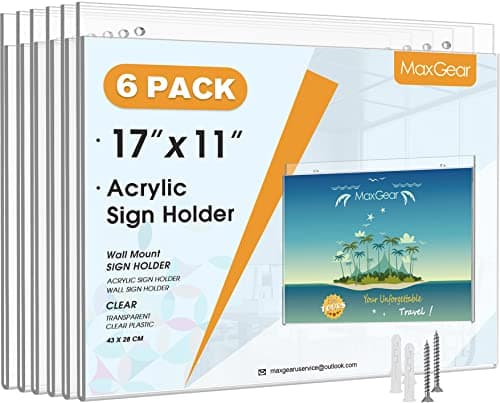 MaxGear Wall Mount Sign Holder 11 x 17 Inch, Clear Plastic Picture Frames with Mounting Screws, Door Sign Holders and Document Display Frame for Home, Office, Store, Landscape, 6 Pack - Image 1