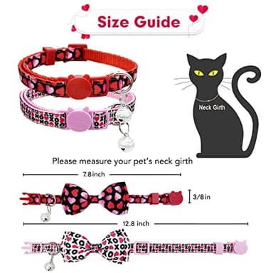 2 Pack Valentine Kitty Kitten Collar with Bow Tie, Holiday Heart Collar with Bell for Boys and Girls Male Female Cats (Pattern 1) - Image 3