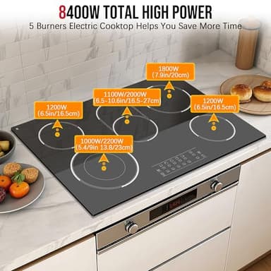 Traenvir 30 Inch Electric Cooktop 5 Burner, 8400W Built-in Electric Stove Top, 30" Ceramic Cooktop with Expanded Zone, Touch Control, Timer, Pause Control, Safety Lock, 220-240V, Hard Wire, No Plug - Image 5