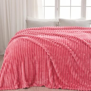 NEWCOSPLAY Super Soft Queen Blanket Coral Pink Premium Silky Flannel Fleece 3D Ribbed Jacquard Lightweight Bed Blanket All Season Use (Coral Pink Ribbed, Queen(90"x90")) - Image 1