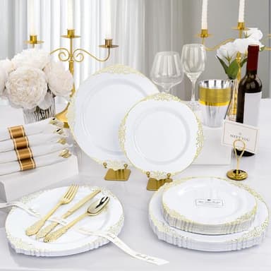 Realluck 350 PCS White and Gold Plastic Plates, Plastic Dinnerware Set for 50 Guests, 100 Disposable Plates, 150 Silverwares, 50 Cups, 50 Napkins for Party, Wedding, Graduation - Image 4