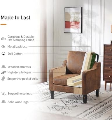 VINGLI Accent Chair for Living Room Chairs Rustic Reading Chair for Bedroom Scooped Arm Chair Mid Century Modern Accent Chairs Upholstered Comfy Chair for Apartment, Waiting Room - Image 7