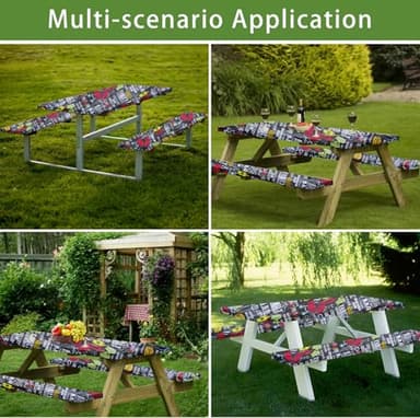 XUANQIFC Picnic Table Cover with Bench Covers, 3 Pcs 72" Outdoor Waterproof Tablecloth with Elastic Edges and Flannel Backing Rectangle Tablecloth for RV BBQ Camping 6 Foot Tables (Black 72" x 30") - Image 7