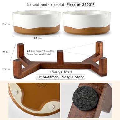 Lareina Ceramic Dog Bowl for Food and Water, 3 Cups Pet Bowl Set with Non-Slip Wood Stand for Your Small Medium Sized Dog, Vanilla White - Image 6