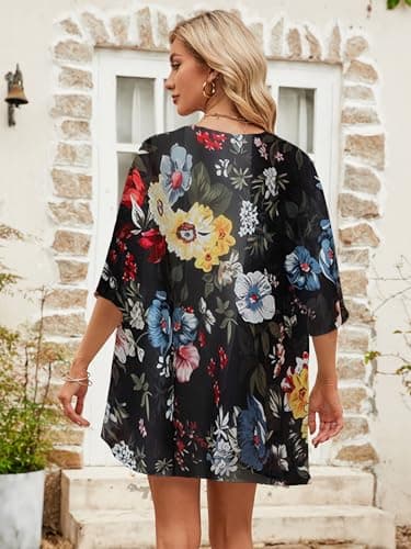 Chunoy Women's Petite Summer Short Sleeve Floral Beachwear Cover Up Blouse Loose Chiffon Kimono Cardigan Black Small - Image 2