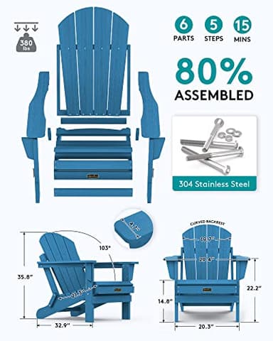 SERWALL Foldable Adirondack Chair Set of 2 for Patio Garden Outdoors-Navy Blue - Image 3