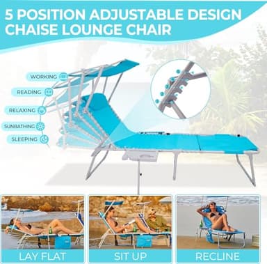 #WEJOY 4 in 1 Tanning Chair with Face Hole & Canopy & Side Table, 5 Positions Adjustable Folding Waterproof Facedown Chaise Lounge with Pillow Quick Dry for Beach Pool Outdoor Camping Patio (Blue) - Image 8