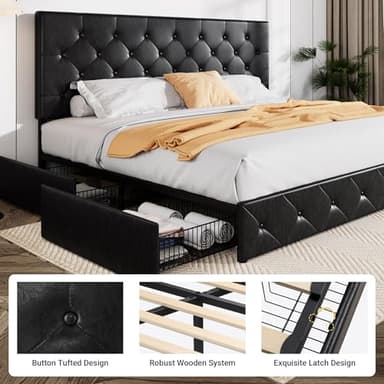 Allewie King Size Black Metal Faux Leather Platform Bed Frame with 4 Drawers - Image 6