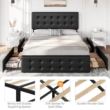 IDEALHOUSE Queen Size Bed Frame with 4 Storage Drawers and Headboard, Faux Leather Upholstered Platform Bed Frame with Wooden Slats Support, Button Tufted Design, No Box Spring Needed, Black - Image 7