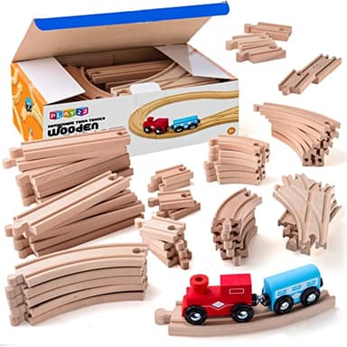 Play22 Wooden Train Tracks - 52 PCS + 2 Bonus Car Toy Trains - for Kids is Compatible with Thomas Wooden Railway Systems and All Major Brands - Original - Image 8