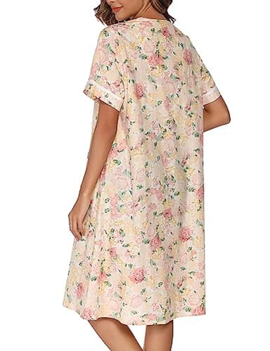 YOZLY House Dress Womens Cotton Housecoat Short Sleeve Duster Robe with Pockets Flower Pink, Small - Image 5