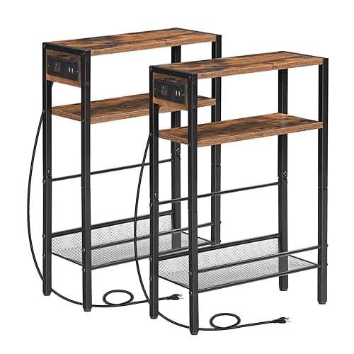 HOOBRO Small Narrow Side Table with Charging Station Set of 2, Skinny End Table for Small Spaces, Slim Nightstand with USB Ports Outlet, Sofa Beside Table with Storage Shelf BF102UBZP201 - Image 1