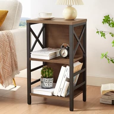MNEETRUNG Small Bookshelf,3 Tier Industrial Bookcase with Metal Frame and Backboard,Low Rustic Brown Book Shelf,Book case for Small Spaces,Living Room,Bedroom and Home Office - Image 2