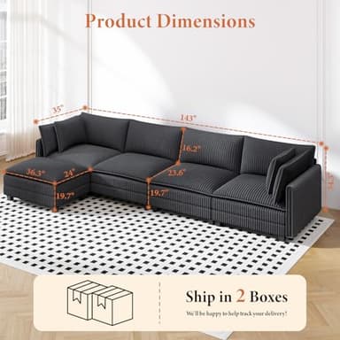 Vesgantti 143" L Shaped Modular Sectional Sofa, Comfy Corduroy Upholstered Modular Sectional Couches for Living Room, Modern Cloud Couch with Ottoman Deep Seat, Dark Grey - Image 2