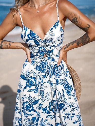CUPSHE Women's Maxi Dress Beach V Neck Casual Sleeveless Cutout Twisted Long Dress Summer Formal Dress Teal Floral, S - Image 5