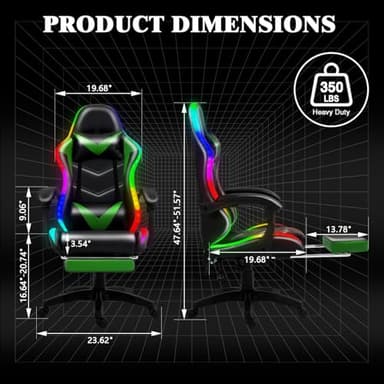 Czlolo Gaming Chair, Racing Style RGB LED Lights Gaming Chairs for Adults and Kids, Lumbar Massager Gamer Chair, High Back Reclining Computer Chair with Footrest and Headrest (Black/Green) - Image 2