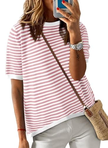 Dokotoo Womens Summer Tops Casual Short Sleeve Striped Shirt Ladies Crewneck Knit Tshirts Shirts for Women Loose Fit 2025 Trendy Sweaters Beach Vacation Clothes for Women Pink Medium - Image 1