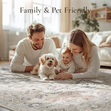 GENIMO 8x10 Area Rugs for Living Room, Machine Washable Non Slip Vintage Rugs, Low Pile Lightweight Chenille Print Rug for Bedroom, Dining Room, Home Office, Light Taupe Brown - Image 4