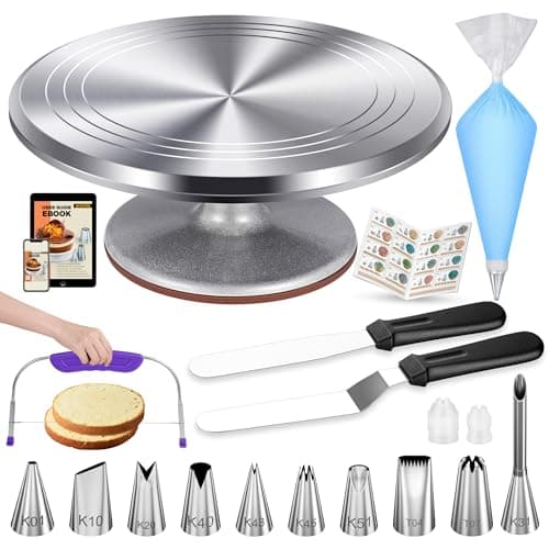 Kootek 51 Pcs Cake Decorating Kit, 12" Aluminum Alloy Cake Turntable, 10 Numbered Icing Tips, Offset and Straight Spatulas, Cake Leveler, Pastry Bags Baking Supplies - Image 1