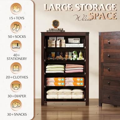 WLIVE Farmhouse Brown Dresser for Bedroom, 5 Drawer Dresser Storage Organizer, Tall Wood Dressers with Double Rustic Handle, Chest of Drawers for Living Room, Hallway, Closet - Image 4