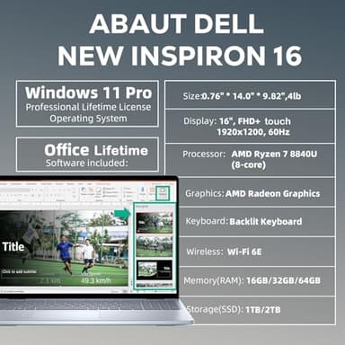 Dell Inspiron 16 Touchscreen Laptop - for Business & Students, 16" 16:10 FHD+ Display, w/Office Lifetime & External CD Drive, Ryzen 7 8840U, Fingerprint, Backlit KB, Win11 Pro (64GB RAM, 4TB SSD) - Image 4