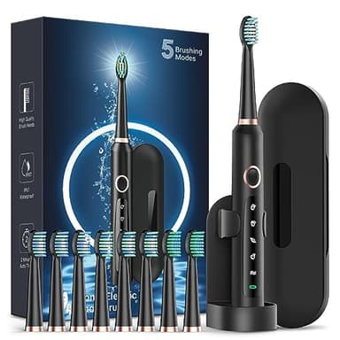 Rtauys M5 Sonic Electric Toothbrush for Adults and Kids - Rechargeable Electric Toothbrush Kids Ages 12+ and Adults with 8 Brush Heads & Travel Case, 120 Days Battery Life - Black - Image 1