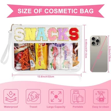 Snack Bag for Travel - Clear Chenille Varsity Letter Flat Pouch with Zipper, Waterproof Clear PVC&PU Preppy Patch Makeup Cosmetic tote Bags for Women Girls (White-Snacks) - Image 2