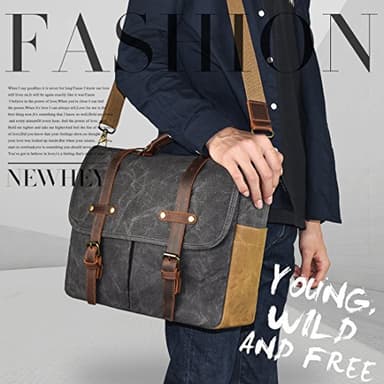 Mens Messenger Bag 15.6 Inch Waterproof Vintage Genuine Leather Waxed Canvas Briefcase Large Satchel Shoulder Bag Rugged Leather Computer Laptop Bag, Grey - Image 5